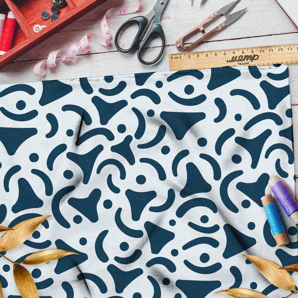 Ткань бифлекс синие треугольные узоры на голубом фоне