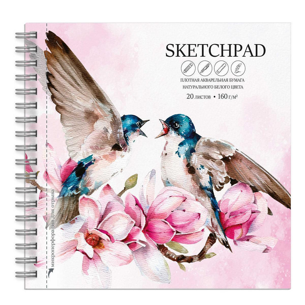 Скетчпад 20л. на гребне 195х195 мм, рисовальная бумага "Пение птиц" (Феникс+)