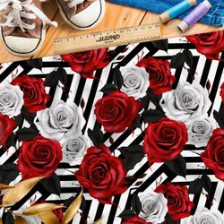 Ткань премиум шелк искусственный Армани розы на полосатом фоне