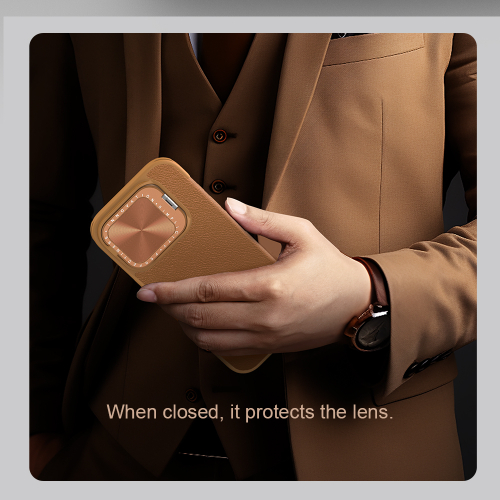 Кожаный чехол книжка коричневого цвета от Nillkin для iPhone 16 Pro Max, серия Qin Prop Leather Case