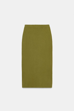 ZARA ТРИКОТАЖНАЯ ЮБКА МИДИ, ЦВЕТ МХА
