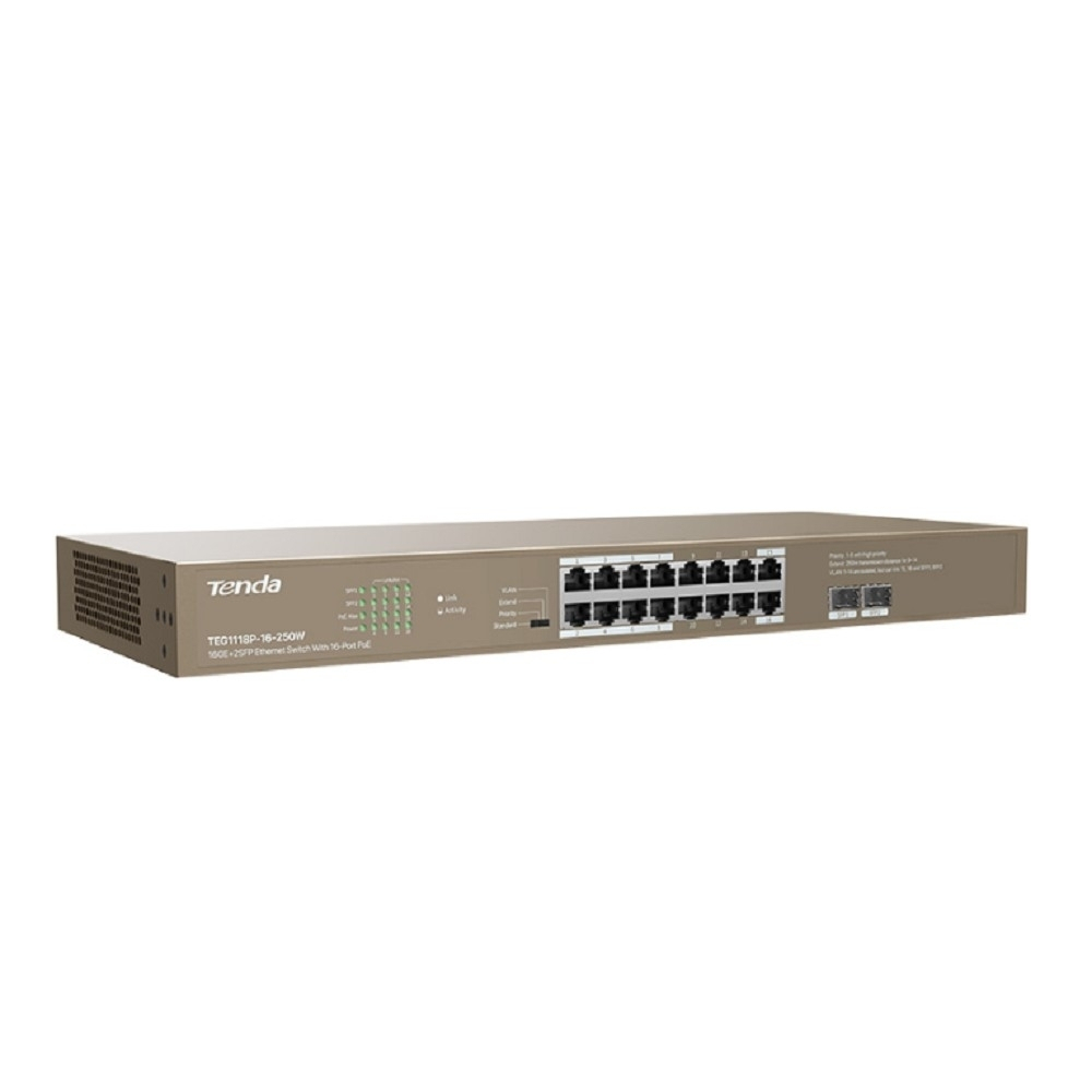Коммутатор TENDA TEG1118P-16-250W Коммутатор в стойку 16-Ports 10 / 100 / 1000 Base-T + 2-Ports 1000 Base-X SFP ports 16-Ports PoE(PoE бюджет 230W)