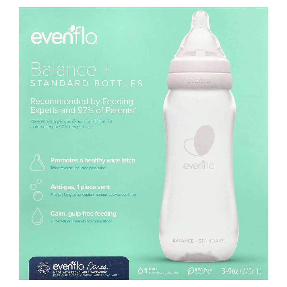 Evenflo Feeding, Balance+, флаконы со стандартными свойствами, для детей от 0 месяцев, с медленным потоком, 3 флакона по 270 мл (9 унций)
