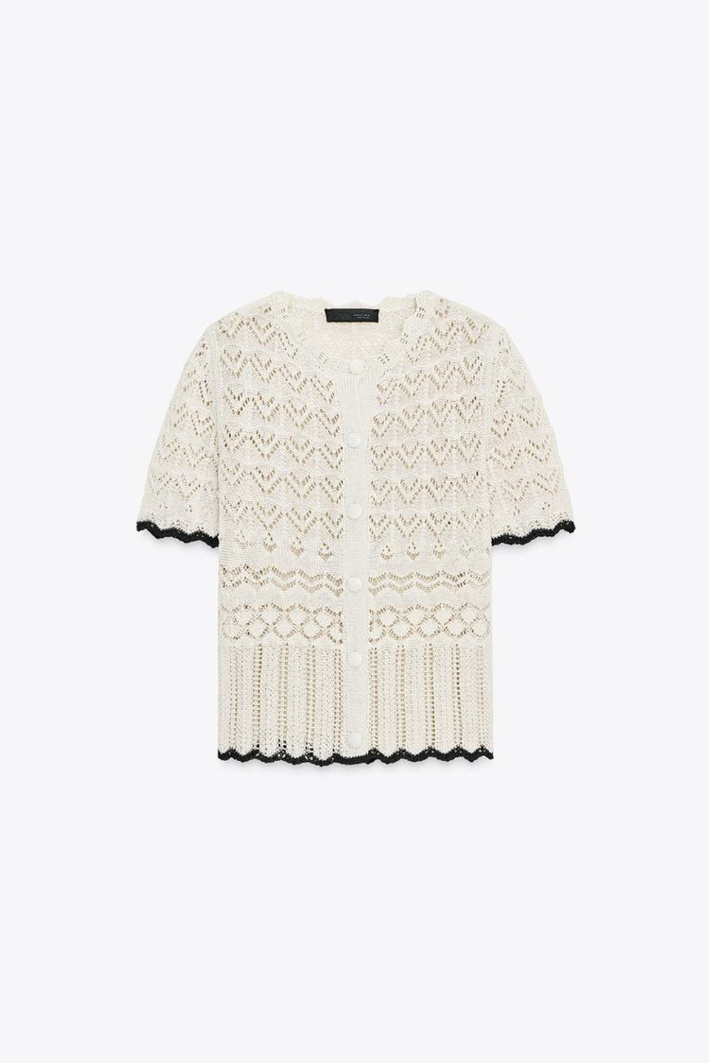 ZARA КАРДИГАН С КОРОТКИМИ РУКАВАМИ И АЖУРНОЙ ВЯЗКОЙ, БЕЛЫЙ/ЧЕРНЫЙ