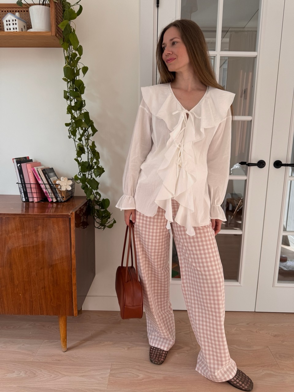 Брюки из варёного хлопка для беременных, Пудровый в клетку