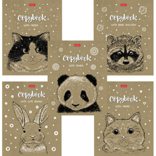 Тетрадь А5 48л. HATBER скоба, клетка, обложка крафт-картон, Милые зверьки (5 видов в спайке), 48Т5В1 И