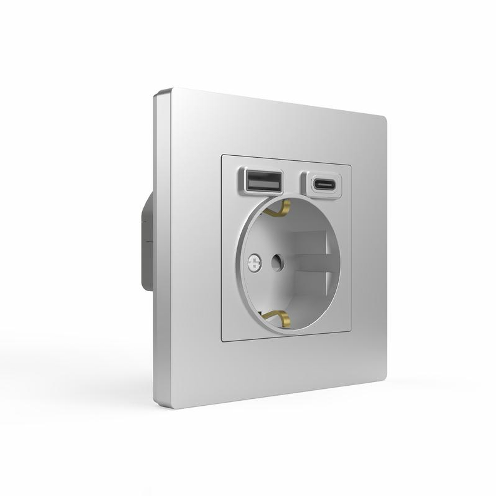 Розетка 1-м СП Pixel IP20 с заземл. с 2-мя заряд. устр. USB тип A+C механизм алюм. TOKOV ELECTRIC TKE-PX-R1U2AC-C03