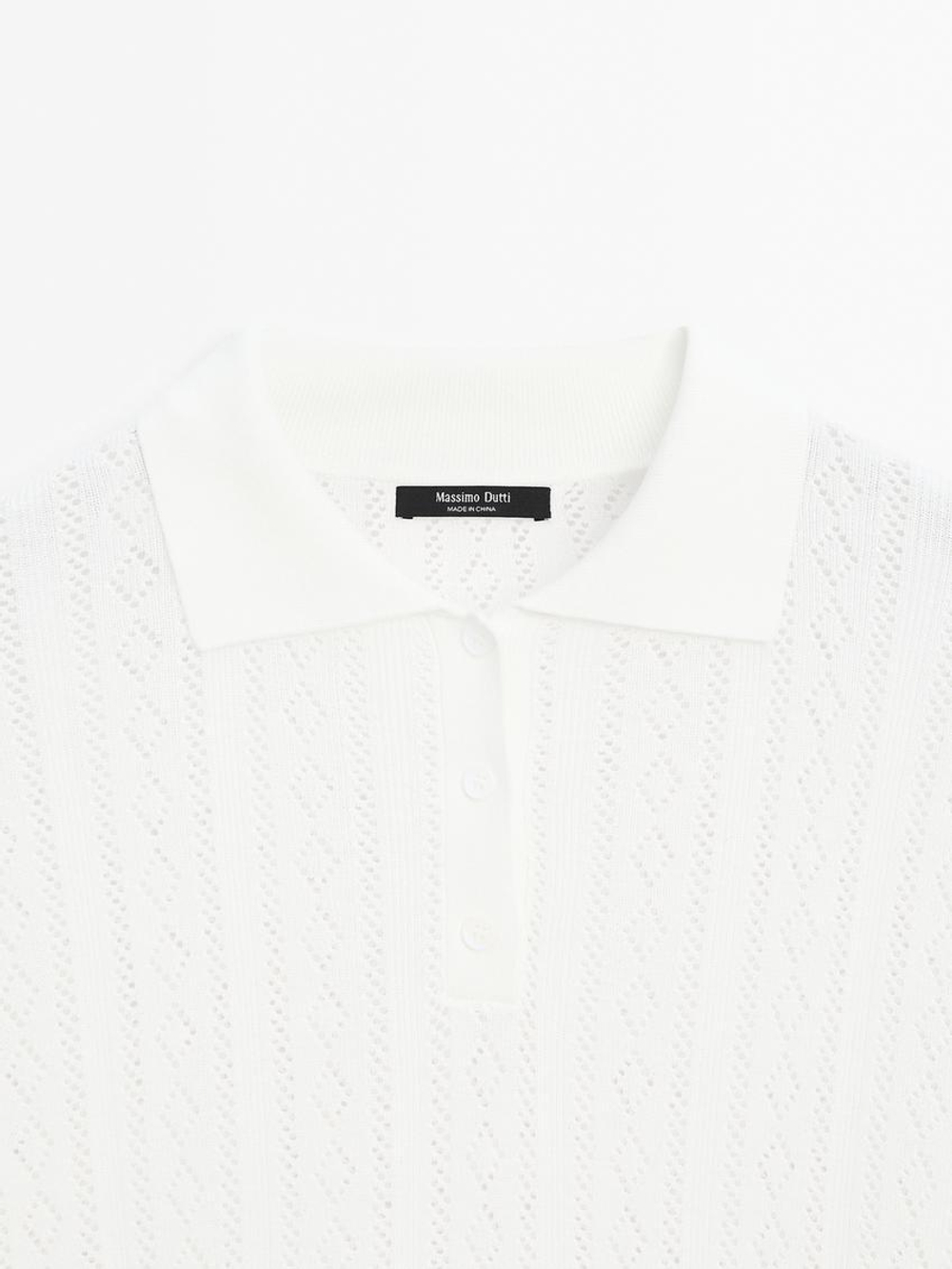 Massimo Dutti Трикотажный свитер из смесового хлопка с воротником поло, натуральный, кремовый