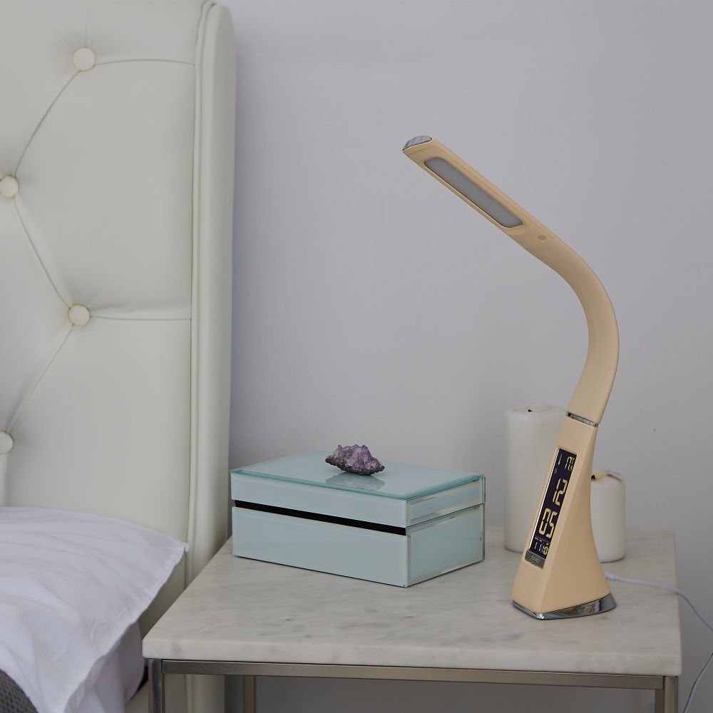 TLD-542 Cream-LED-300Lm-5000K-Dimmer Светильник настольный c часами. календарем. термометром. 5W. Сенсорный выключатель. Кремовый стилизован под кожу. TM Uniel.