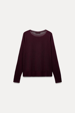 ZARA БАЗОВЫЙ ДЖЕМПЕР ИЗ ТОНКОГО ТРИКОТАЖА, ЦВЕТ БУРГУНДСКОГО ВИНА