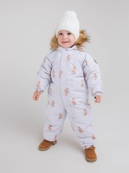 Комбинезон мембранный зимний с капюшоном с меховой опушкой "Ежики" светло-серый