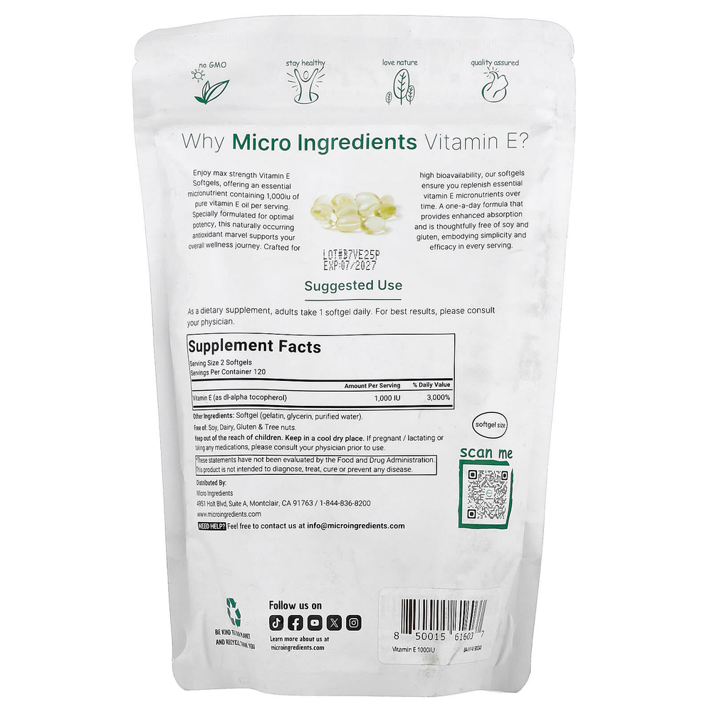 Micro Ingredients, Витамин E, 240 мягких таблеток (500 МЕ в каждой капсуле)