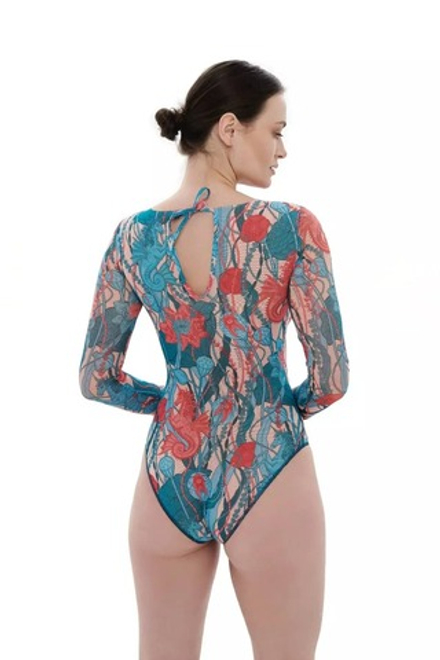 Слитный купальник с рукавами "Морские единороги"