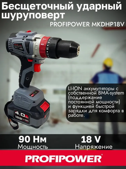 Аккумуляторный бесщеточный шуруповерт 18V 90Нм 2х4AH CASE PROFIPOWER