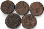 Набор медных монет 1757-1790 года (5 монет) 1 копейка ЕМ (VG)