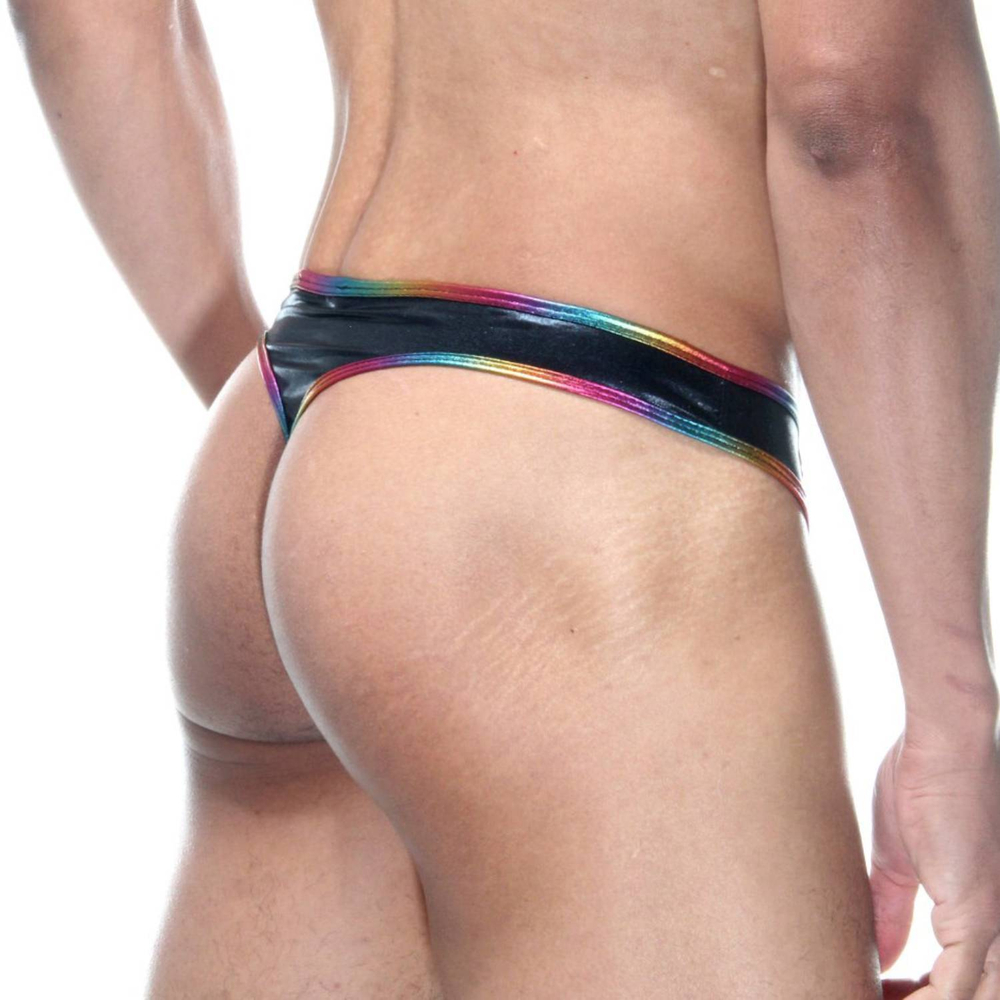 Черные трусы-тонги с блестящей радужной отделкой (Размер: S) (Цвет: черный)