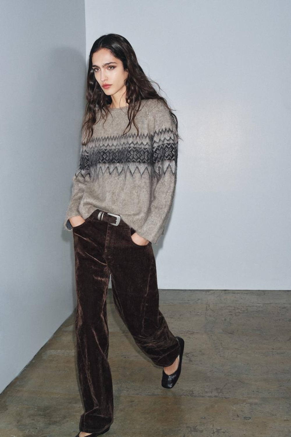 ZARA ЖАККАРДОВЫЙ СВИТЕР ИЗ ВОРСИСТОГО ТРИКОТАЖА, ПЕСОЧНЫЙ МЕЛАНЖ