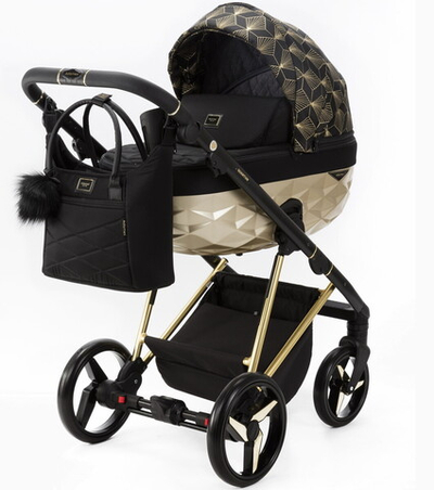 Детская коляска Adamex Quantum Star 3 в 1 Q-STAR58  (ЧЕРНЫЙ+ЗОЛОТОЙ ОРНАМЕНТ+ЗОЛОТО ДНО+ЗОЛОТО РАМА)