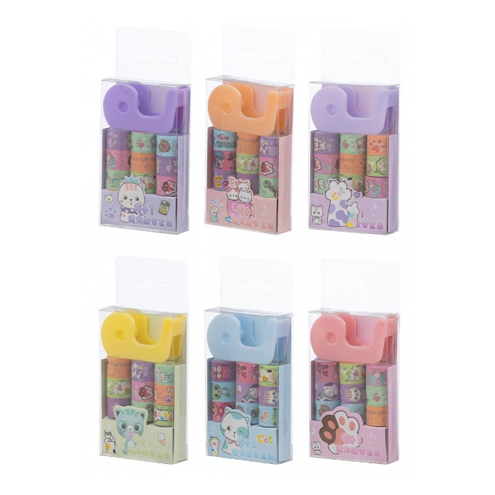 Клейкая лента (скотч) декоративная Basir, цветная, с рисунком кошек и лапок, 9 лент+диспенсер