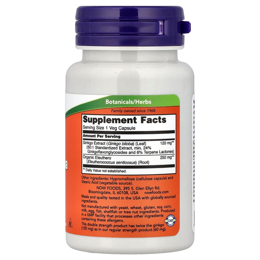 NOW Foods, гинкго билоба с корнем элеутерококка, 50 растительных капсул