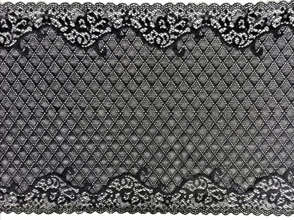 Эластичное кружево, черное с серебристыми ромбами, 23см (Артикул: EK-1021), м