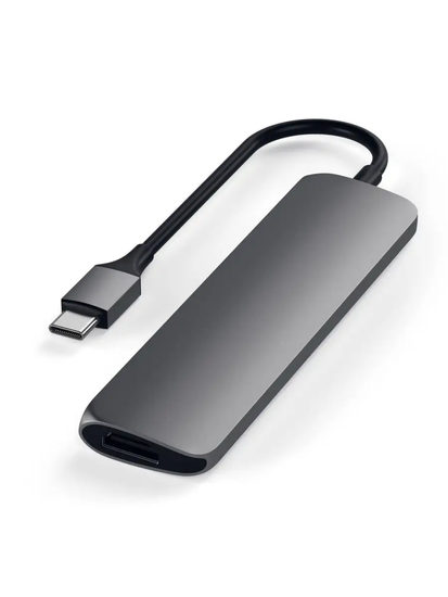 USB адаптер Satechi Slim Aluminum Type-C Multi-Port Adapter with Type-C Charging Port. Интерфейс USB-C. Порты USB Type-C, 2хUSB 3.0, 4K HDMI. Цвет серый космос.