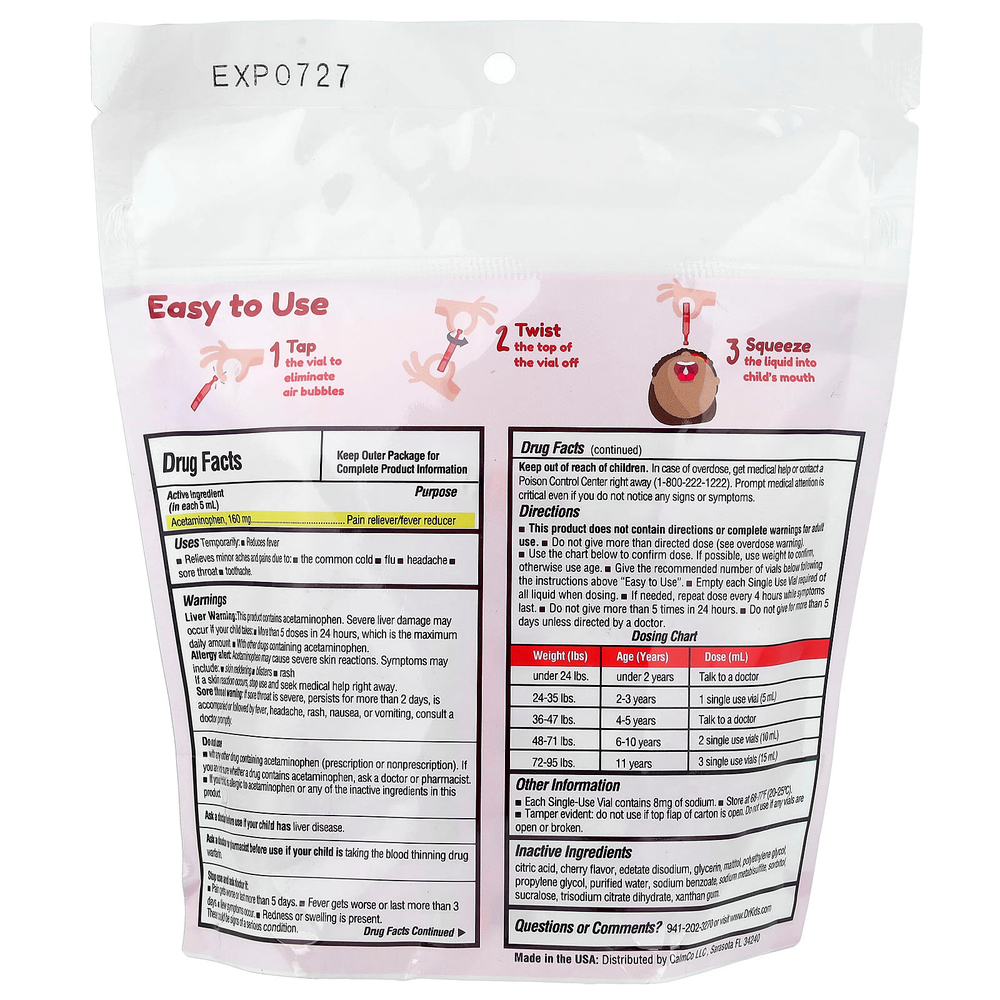 DrKids, средство от боли и лихорадки, для детей от 2 до 11 лет, с вишней, 20 отмеренных одноразовых флаконов, по 5 мл (0,17 жидк. унции)