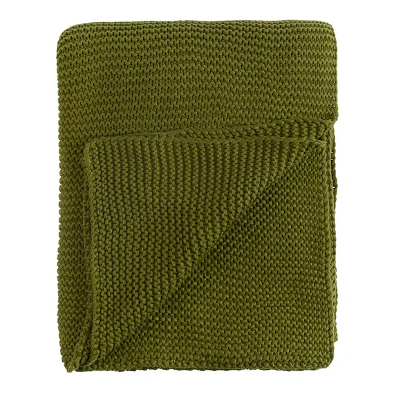 Плед из хлопка жемчужной вязки оливкового цвета Essential, 130х180 см