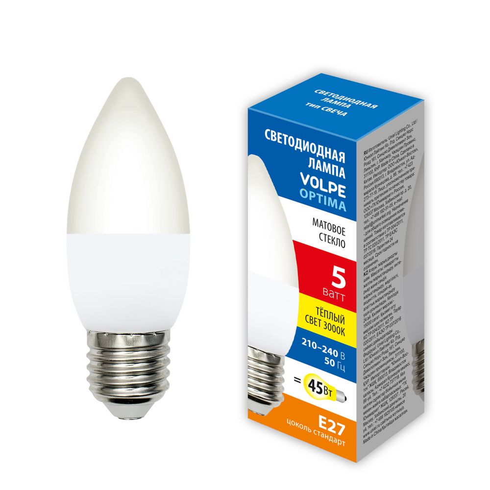 LED-C37-5W-3000K-E27-FR-SLS Лампа светодиодная. Форма свеча. матовая. Теплый белый свет 3000K. ТМ Volpe