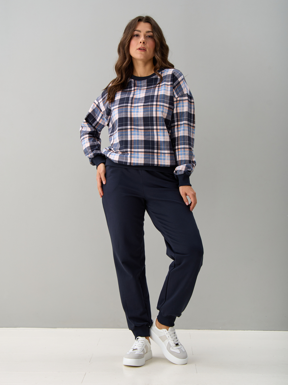 Толстовка К-90/клеткасиний-бежголубой