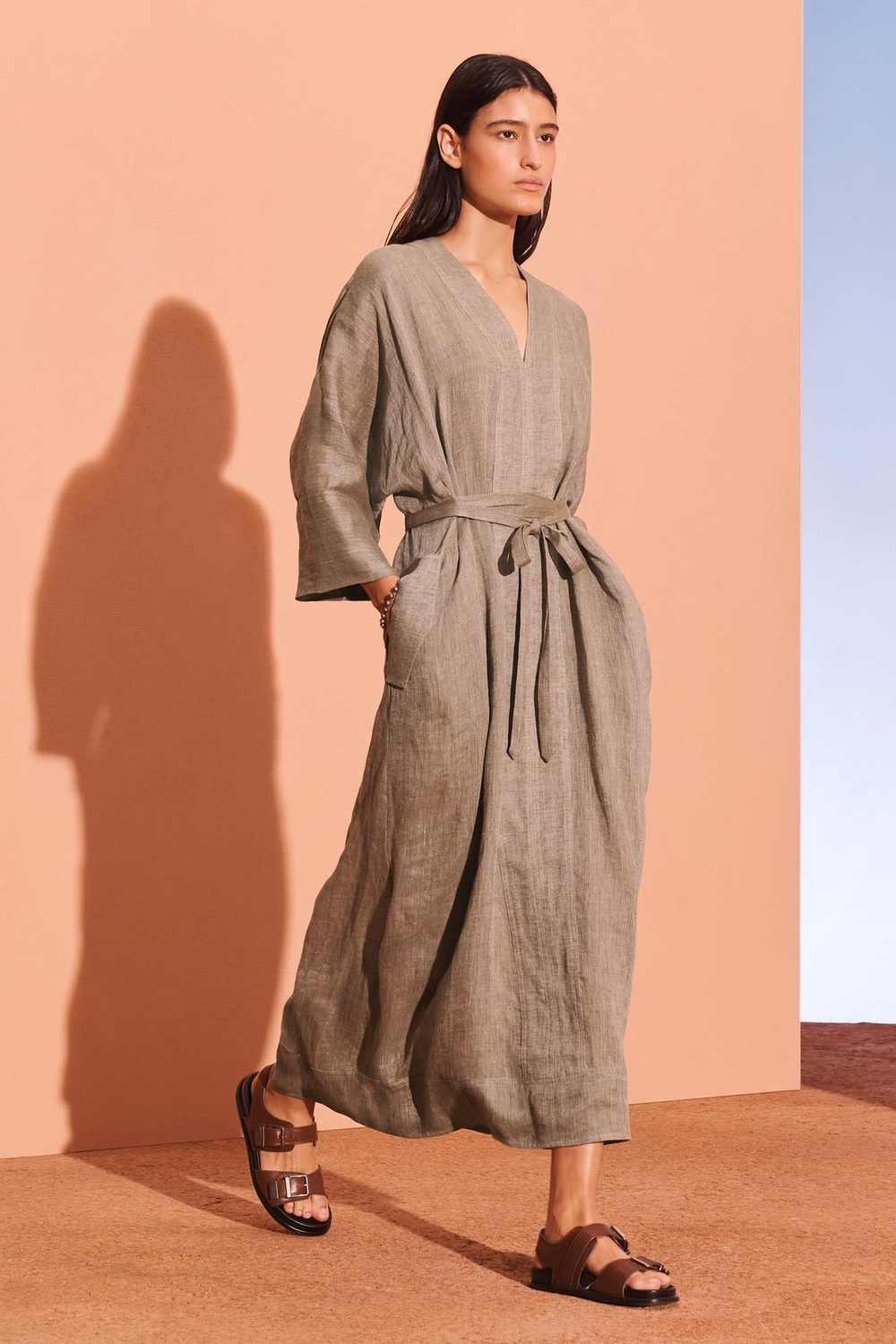 ZARA ПЛАТЬЕ-КИМОНО ИЗ 100% ЛЬНА, ХАКИ