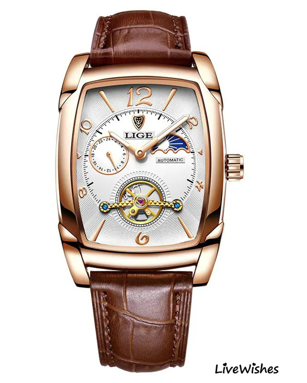 Часы наручные механические с автоподзаводом LIGE на кожаном ремешке, золотистый/коричневый W9110-01