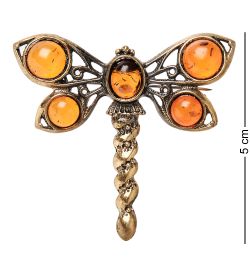 AM-1801 Брошь «Стрекоза Стрелка» (латунь, янтарь)