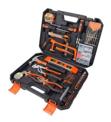 Набор инструментов 180пр. 1/4''(шарнирно-губцевый ,ножовка,уровень,биты ,головки,отвертки,рулетка,молоток,нож,изолента,расходник)в кейсе ISMA ISMA-20180