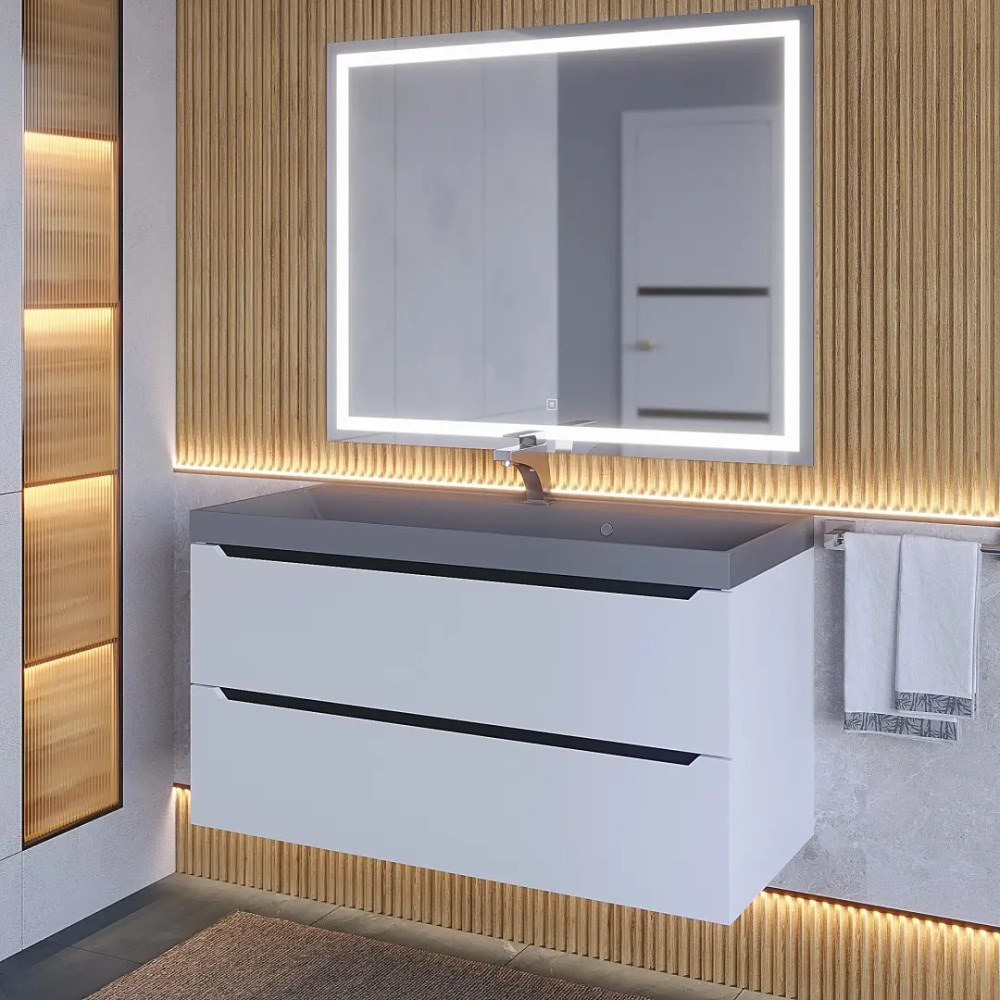 Тумба с раковиной для ванной Uperwood Tanos-Classic Quartz 100 см, белая графит/бетон