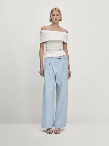 Massimo Dutti Струящиеся брюки с двойными защипами — Studio, небесно-голубой