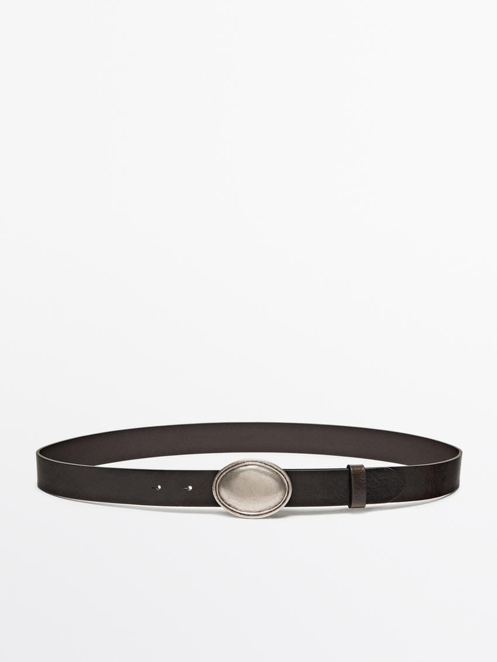Massimo Dutti Кожаный ремень с овальной пряжкой, коричневый