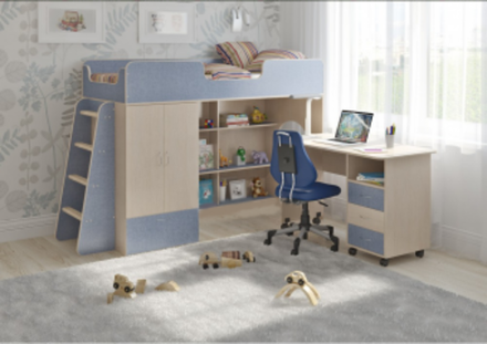 Кровать-чердак КарИВи Легенда 3.13  Дуб Молочный Светло-синий, голубой