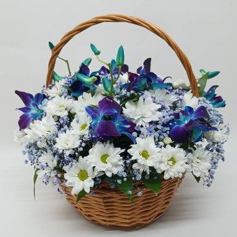 Корзина с орхидеей и хризантемой