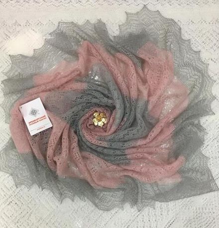 Оренбургский пуховый платок-паутинка АИ100-03/06 серый/магнолия