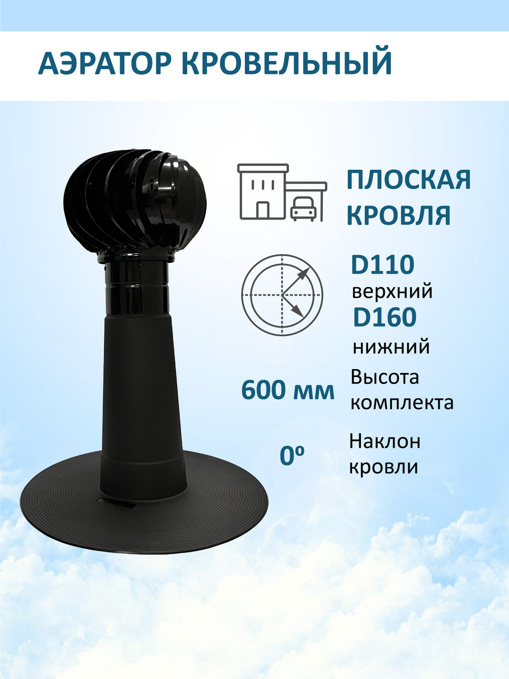 Аэратор кровельный для плоской кровли Ø160 мм с турбодефлектором