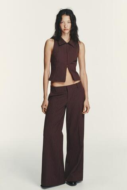 ZARA РАСКЛЕШЕННЫЕ БРЮКИ В ПОЛОСКУ С НИЗКОЙ ПОСАДКОЙ, КОРИЧНЕВЫЙ/ЭКРЮ