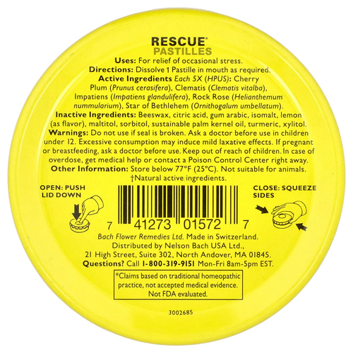 Bach, Rescue®, пастилки для снятия стресса природным способом, со вкусом лимона, 35 пастилок