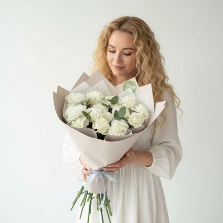 Большой букет белых гвоздик