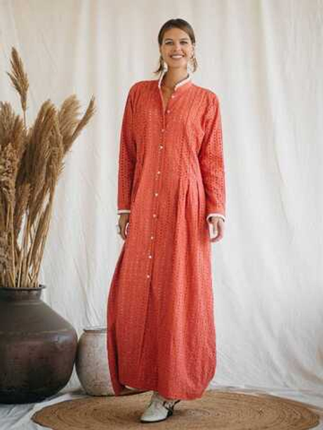 Платье макси из прошвы (коралл)