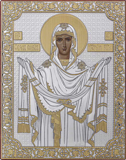 Икона Покров БМ: 16х12, напыление серебром и золотом, Р-3, наст. с подс. (Греция)