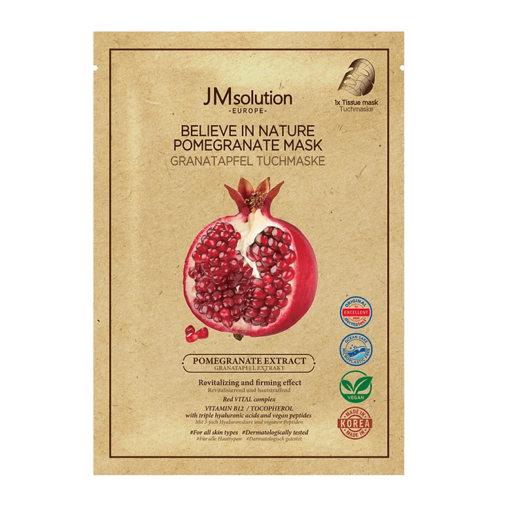 JMsolution Веганская тканевая маска с экстрактом граната  Europe Believe In Nature Pomegranate Mask