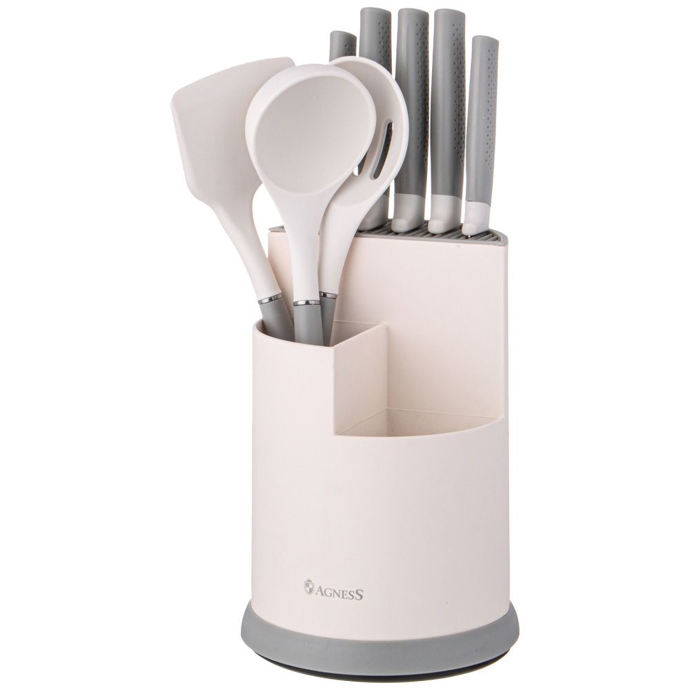НАБОР AGNESS ИЗ 9ПР: 5 НОЖЕЙ, ПОЛОВНИК, ЛОПАТКА И ШУМОВКА, ВРАЩАЮЩАЯСЯ ПОДСТАВКА, ЦВЕТ: СЕРЫЙ