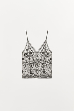 ZARA ТОП С БУСИНАМИ И ПАЙЕТКАМИ, СЕРЕБРИСТЫЙ