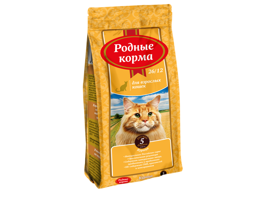 Сухой корм РОДНЫЕ КОРМА для взрослых кошек курица 26/12 2,045 кг